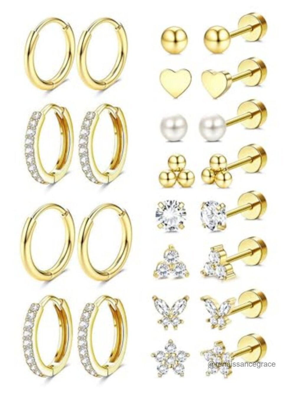 14K Gold Plated Hypoallergenic Flat Back Stud Earrings Set for Cartilage